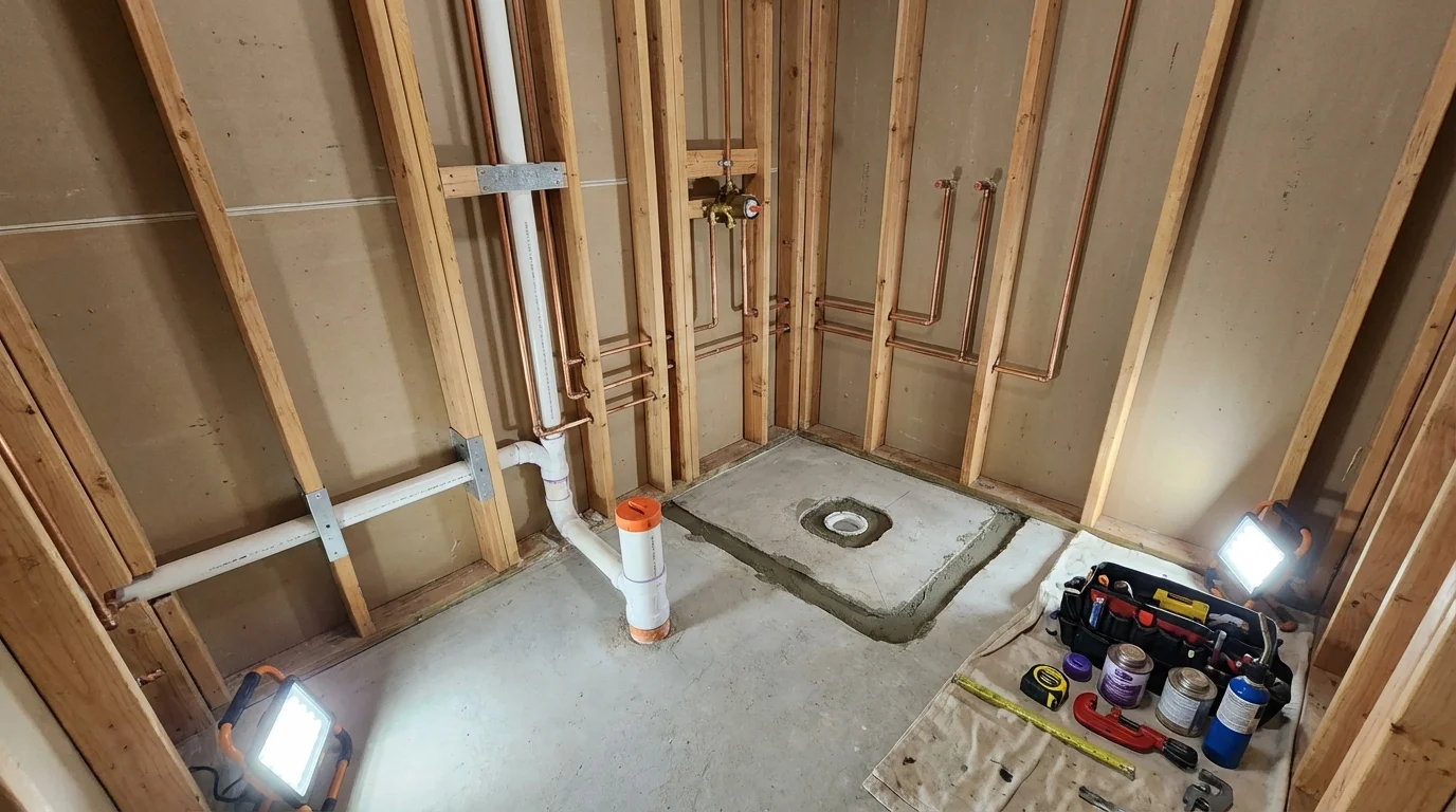 Bathroom rough-in plumbing during remodel by Johns Plumbing LLC in Parker City