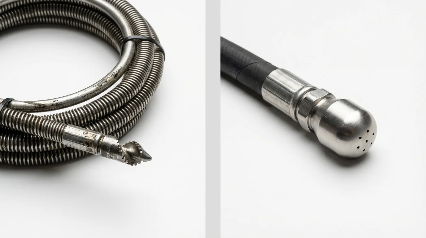 Drain snake cable and hydro jetting nozzle used for drain cleaning in Parker City, IN