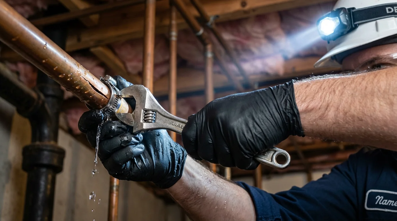 Emergency pipe clamp repair being performed by a Johns Plumbing LLC plumber in Parker City