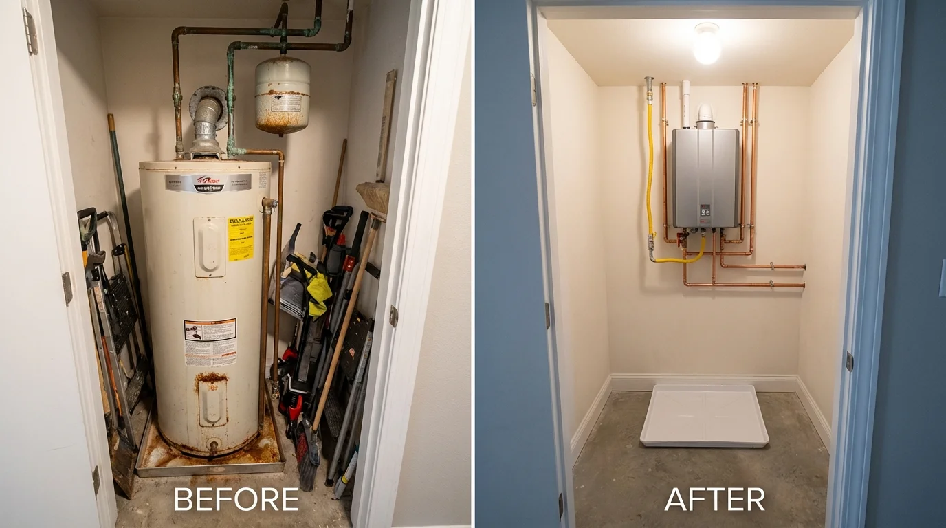 Tank water heater versus wall-mounted tankless unit comparison for Parker City, IN homeowners