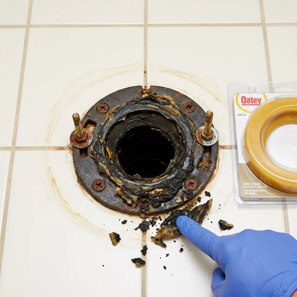 Failed wax ring showing water seepage at the base of a toilet in a Parker City, IN home