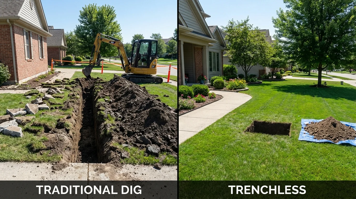 Trenchless sewer repair with minimal yard damage versus traditional excavation in Parker City, IN