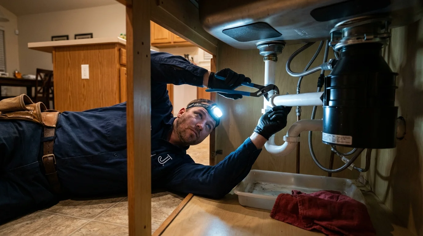 P-trap and supply line connections under a kitchen sink showing a common leak point in Parker City, IN
